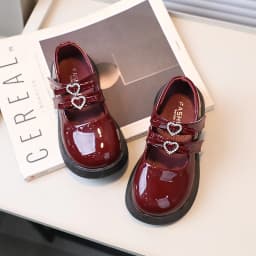 Children Leather Shoes for Spring Wine Red Black Elegant Girl's Mary Janes Chunky Hook-loop Beautiful Comfy Kids Shoe 26-36