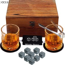 Father'S Day Gift Whiskey Stones Set 8 Pcs Granite Ice Cubes+ 2 Pcs Cups For Whisky In Wooden Bottle Box Present For Dad〔CC11〕
