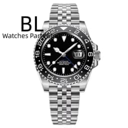 BLIGER 40mm Customizable Logo Blue GMT Watch For Men Black White Dial Green Luminous Sapphire Glass Waterproof Reloj Hombre Date