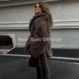 Neo Mint Winter 2026 New Stylish Mocha Brown Belted Wrap Fur Coat Women Street Fashion Girls Fluffy Faux Fox Fur Jacket Overcoat