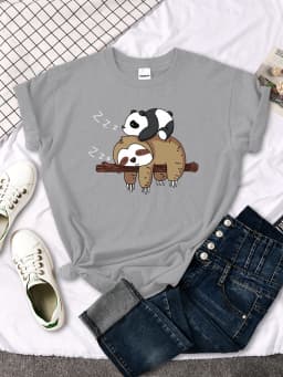 Panda Lying On A Sloth Printed Woman T-shirt Round Neck New Tshirts Fit Tee Shirt Oversized Short Sleeve Womens Tshirts