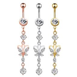 Butterfly-bow Dangled Navel Ring Piercing 14G Flower Heart Crystal CZs Belly Button Ring for Women Stainless Steel Belly Jewelry