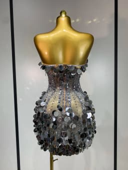 Sparkly Silver Rhinestone Sequins Strapless Mesh See Through Mini Dress Birthday EveningParty Nightclub Singer Stage Costume