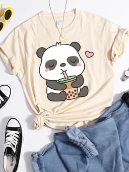 Kawaii Panda And Its Favorite Bubble Tea Female T-Shirt Street Personality Crop Top Summer Casual Tees Shirts Cool Sport Tshirts