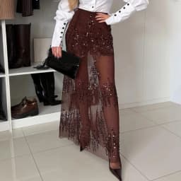 2026 Sequin Mesh Patchwork Skirt Fashion Women A-line All-match Ankle-length Skirts Party Office Lady 2025 Autumn Maxi Skirts