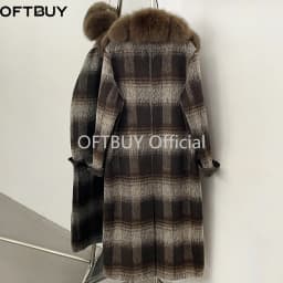OFTBUY New Warm Winter Outerwear for Female Mid Long 100% Wool Coat Women Real Fox Fur Lapel Collar Vintage Plaid Woolen Jacket