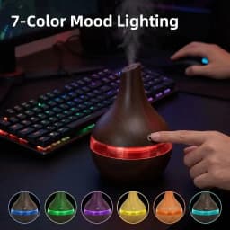 HONSUN USB Mini Portable Humidifier with LED Light, 300ml Indoor Room Humidifier, Wood Grain Ultrasonic Aroma Diffuser, DC5V USB Powered, 4H Auto Shut Off, 7 Color Changing Night Light, Quiet Mist Humidifier for Bedroom Office Home
