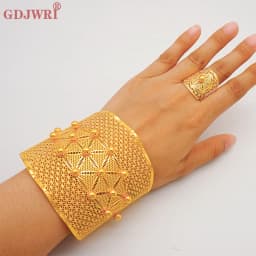 France Luxury Chain Cuff Bangle & Ring For Women Dubai Gold Color Indian Moroccan Big Bracelet Jewelry Arabic African Wedding