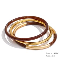 Yhpup 1Set 66mm 3 Round Circle Resin Overlay Minimalist Bracelet Bangle Set 18K Gold Plated Stainless Steel Wrist Trend Jewelry