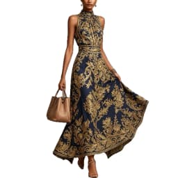 Baroque Print Halter Neck Maxi Dress Sleeveless High Waist A-Line Formal Evening Gown Elegant Vintage Party Dress for Women
