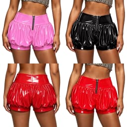 Womens Patent Leather Bubble Boxer Shorts Zipper Front Ruched Hot Pants for Rave Party Club Music Festival Stage Performance