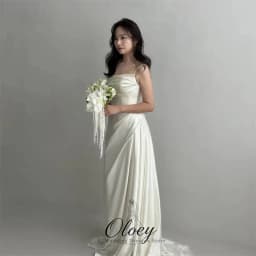 OLOEY Simple Satin Spaghetti Strap Korea Wedding Dress Photo Shoot Ruched Mermaid Square Collar Outdoor Bridal Gown Customized