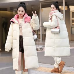 Long Hooded Puffer Coat Women Contrast Collar Warm Quilted Parka Zip‑Up Loose Windproof Winter Outerwear Ladies Padded Jacket