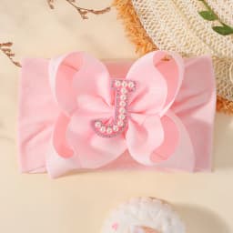 26 Letters Pink Big Bows Pearl Headbands for Baby Girls 5.98'' Wide Nylon Knotted Soft Elastic Hair Bands Wraps Headwear 1PCS