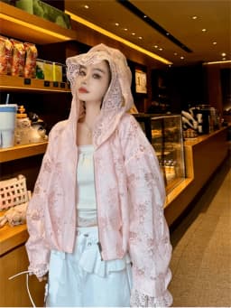 Unique Beautiful Korean Style Pink Lace Splicing Hat Jacket Women's Spring Summer New Arrival Lightweight Polyester Fiber