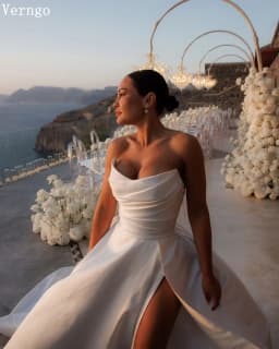 Verngo Satin Soft Chic Wedding Dresse HIgh Split Vestido De Noiva Pleats Bridal Gowns Women Vestido De Noiva A-Line Wedding Gown