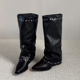 Pointed Toe Rivet Wide Calf Long Boots Women Ruched Slip On Block Heel Vintage Western Knee High Boots Ladies Fashion Footwear