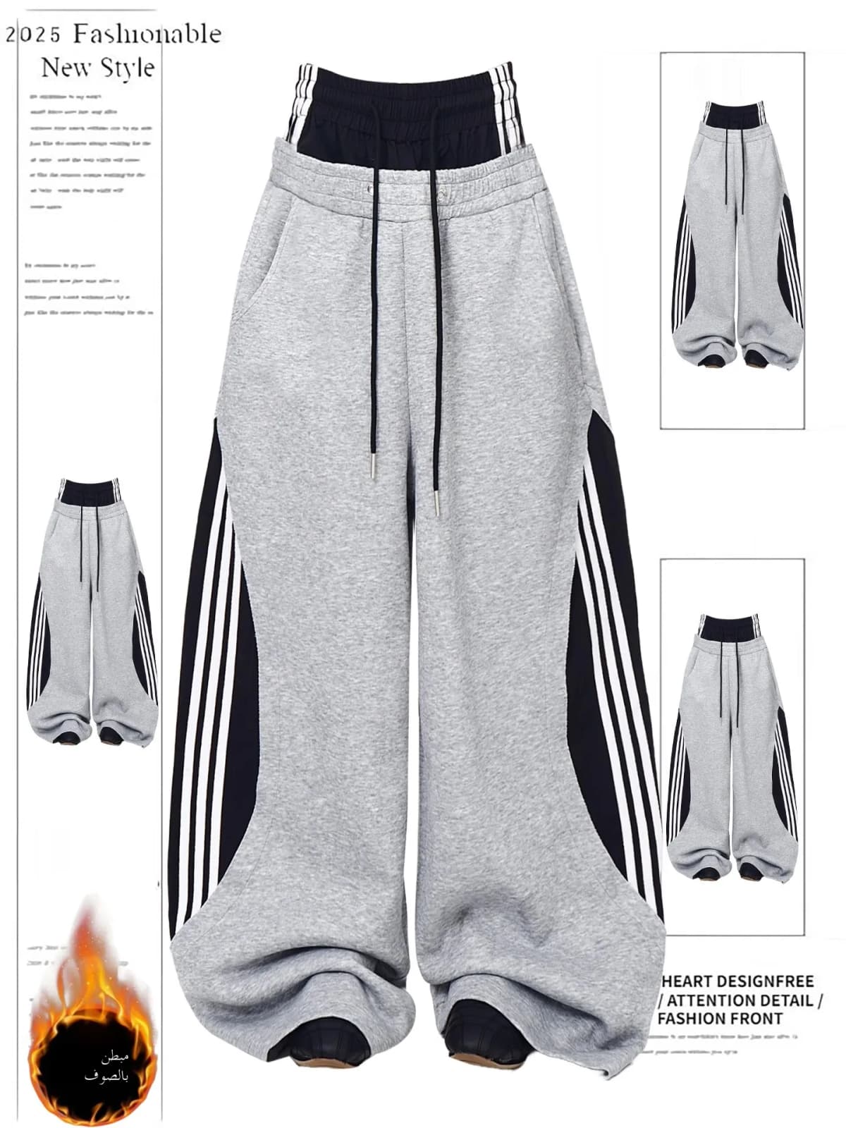 Retro American Fleece Lined Thickened Knife Wide Leg Pants Women's Winter Double Waist Dance Trousers Casual Striped Pants