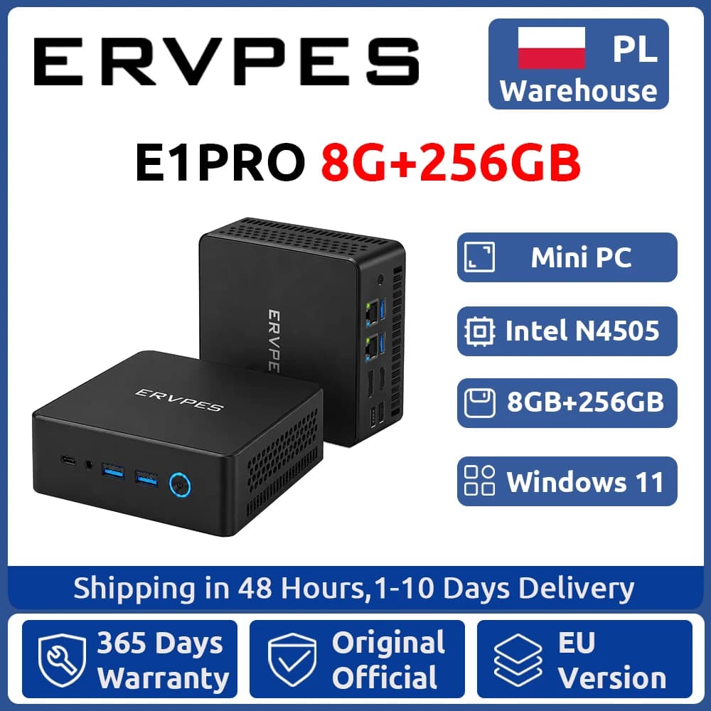 ERVPES E1PRO Mini Pc 8GB LPDDR4 256GB SSD Intel N4505 Windows 11 Pro Dual-Band Wifi BT5.0 Office Desktop Mini Computer