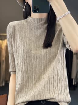 Women New Soft Diamond Letter Design Sweater Half-high Collar Three Quarter Sleeve Pullover Spring Summer Casual Knit Slim Top