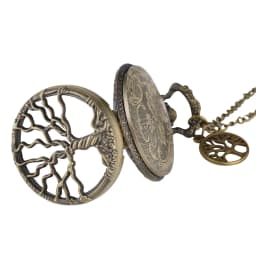 Hollow Out Life Tree Pattern Bronze Pocket Watch with Necklace Chain Arabic Numerals White Dial Vintage Style Pendant Watch Gift