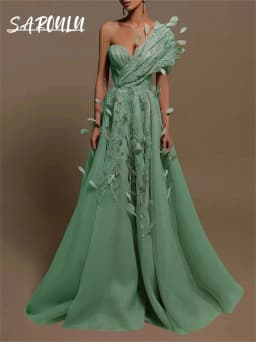 A Line Tulle Evening Dress One Shoulder With 3D Appliques Sequined Women Prom Dresses Wedding Party Gown Birthday New Year Robe