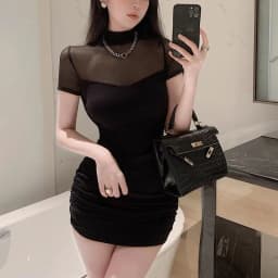 Elegant Short Sleeve Mesh Splice Slim Fit Waist Cinched Mini Dress Street Style Pure Color Polka Dot Print Casual Wear