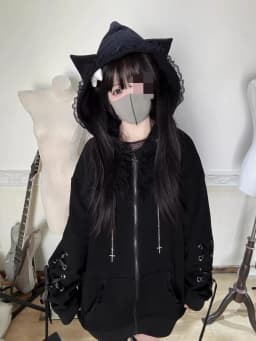 New Spring and Autumn Style Lace Ribbon Three-dimensional Cat Ear Sweater Women Jacket Loose Casual Lazy Zipper Cute Top Trendy