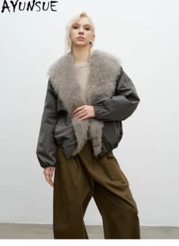 AYUNSUE White Goose Down Women Warm Winter Clothing Real Fox Fur Collar Down Jacket Loose Fit Fashion Short 2026 Пальто Женское