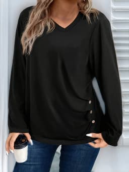 Plus Size Button Decor Ruched T-Shirt, Casual V Neck Long Sleeve Top For Spring & Fall Women's Plus Size Clothing