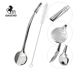 Gaucho Yerba Mate Set Stainless Steel Double Wall Calabash Cup with Removable Filter Bombilla Cleaning Brush