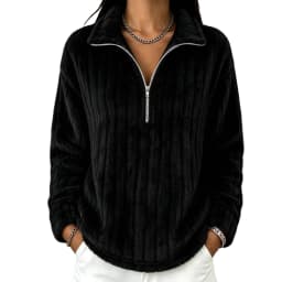 Women's Autumn Winter Turn Collar Ribbed Fleece-lined Warm Zip-up Long-sleeved Sweatshirt
