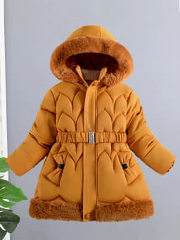 2024 New Winter Keep Warm Girls Jacket Waist Belt Design Detachable Hat Lining Plush Hooded Heavy Coat For Kids