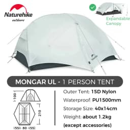 Naturehike Mongar 2 UL/PRO 1-2 Person Backpacking Tent Nylon Waterproof Ultralight Travel Trekking Shelter Tent with Footprint
