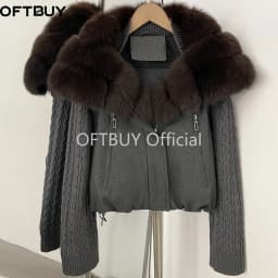 OFTBUY Cable Knit Sleeve Zipper Drawstring Hem Cropped Coat 90 White Duck Down Jacket Women Cozy Warm Winter Real Fox Fur Collar