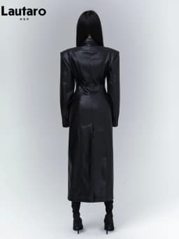 Lautaro Spring Autumn Long Black Fitted Soft Pu Leather Trench Coat for Women with Shoulder Pads Luxury Designer Clothing 2023