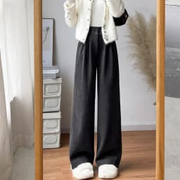 Winter Solid Color Plus Fleece Straight Pants Women Double Buttons Thicken Warm Corduroy Trousers Casual Comfortable Plush Pant