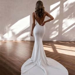 Spaghetti Straps Satin Mermaid Wedding Dress Deep V Neck Open Back Bridal Gown Pearl Veil Long Train Simple Civil Bride Dress
