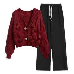 Two Piece Set For Women New In Sweater Matching Sets Korean Sweet Bow Outfit Long Sleeve Cardigan Knitwear Wide Leg Pants Set