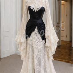 Rebecca Customized High Neck Long Bell Sleeves Prom Dress Lace Floor-Length vestidos de noche Lace Embroidery Evening Dresses