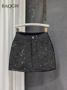 Personality Diamond Splice A-line Denim Skirt for Women's Streetwear High Waist Solid Color Slim Wrap Hip Skirts Female Summer