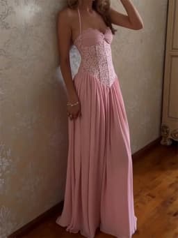 Elegant Lace Patchwork Corset Long Dress Women Halter Backless Bandage Slim Maxi Dress 2026 New Wedding Guest Evening Party Gown