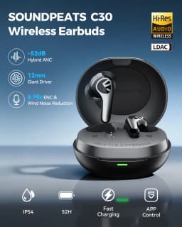 SOUNDPEATS C30 Wireless Earbuds -52dB Hybrid ANC Bluetooth 6.0 Headphones Hi-Res LDAC Audio, 6 Mics ENC, Fast Charge IP54