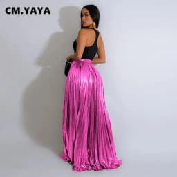 CM.YAYA Women Fashion 2024 Spring High Side Split Big Swing Pleated Floor Length Skirt High Waist Street Party Long Maxi Skirts