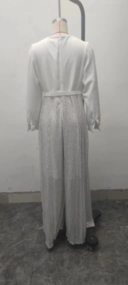 jumpsuit Women Spring Autumn, High-end V-neck Long Sleeved Shirt, Elegant Temperament, Cinched Waist, Sequins, French Wide Legs