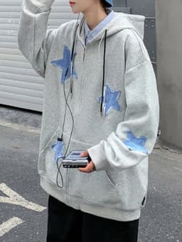 Men's Star Patch Zip Up Hoodie for Men Oversized Y2k Sweatshirt Jacket E-Girl 90s Pullover Streetwear
