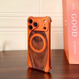 Luxury Metal Frame Walnut Wood Frameless Phone Case For iPhone 18 17 16 15 14 Pro Max Magsafe Magnetic Rotating Bracket Cover