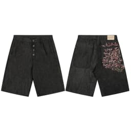 Masked Goddess Embroidered Flowered Jens Shorts for Men and Women High Street Washed Baggy Casual Five Point Denim Pants