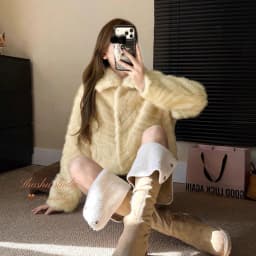 Chic Cream Women Faux Fur Jacket Lapel Collar Button Down Coat Long Sleeve Cropped Loose Luxury Cozy Winter Outerwear Top