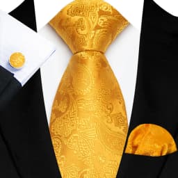 3Pcs Men's Yellow Color Stripes Plaid Solid Ties Pocket Square Cufflinks Wedding Prom Accessories 8cm Cravat Gift for Men